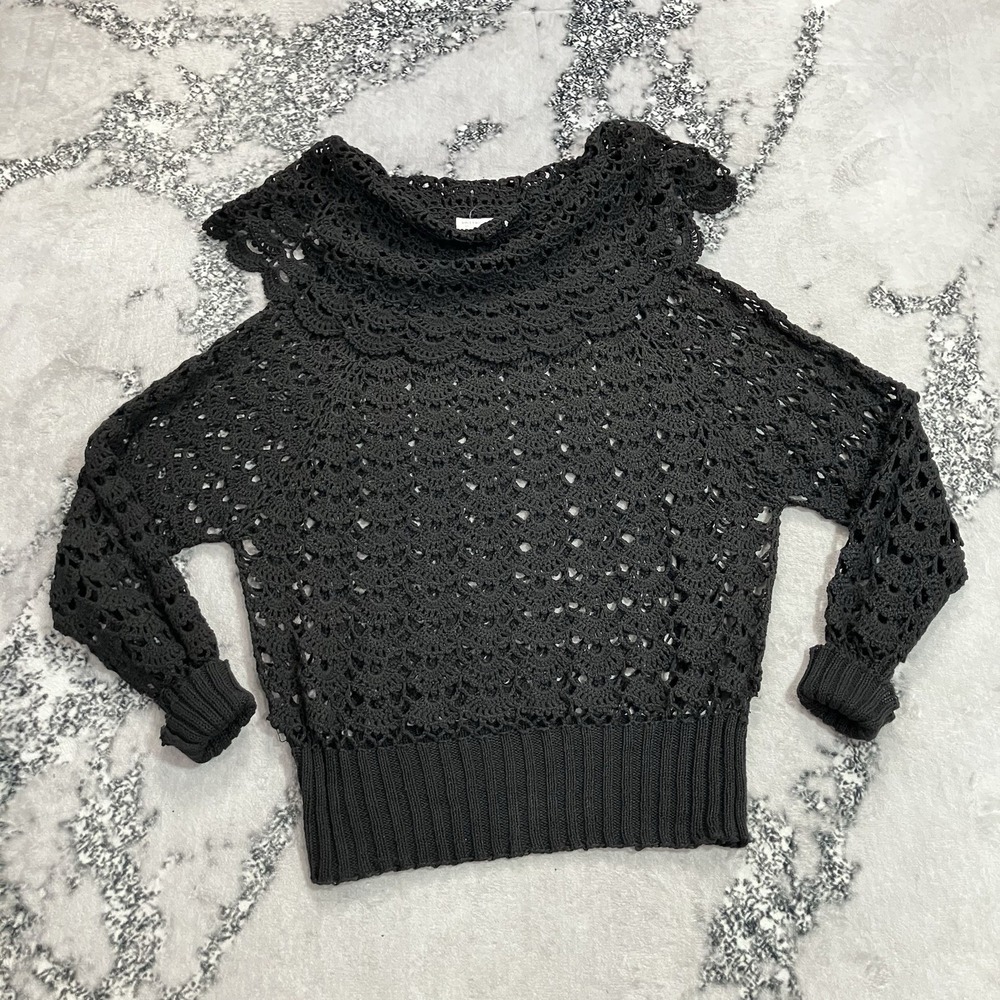 Jennifer Reed Black Hand Crochet Open Knit Sweater Women's Size L Boho Cottage